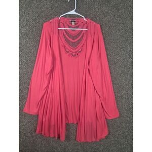 Haani Cardigan Women 2X Pink Crochet Lace Back Open Front Draped Long Sleeve